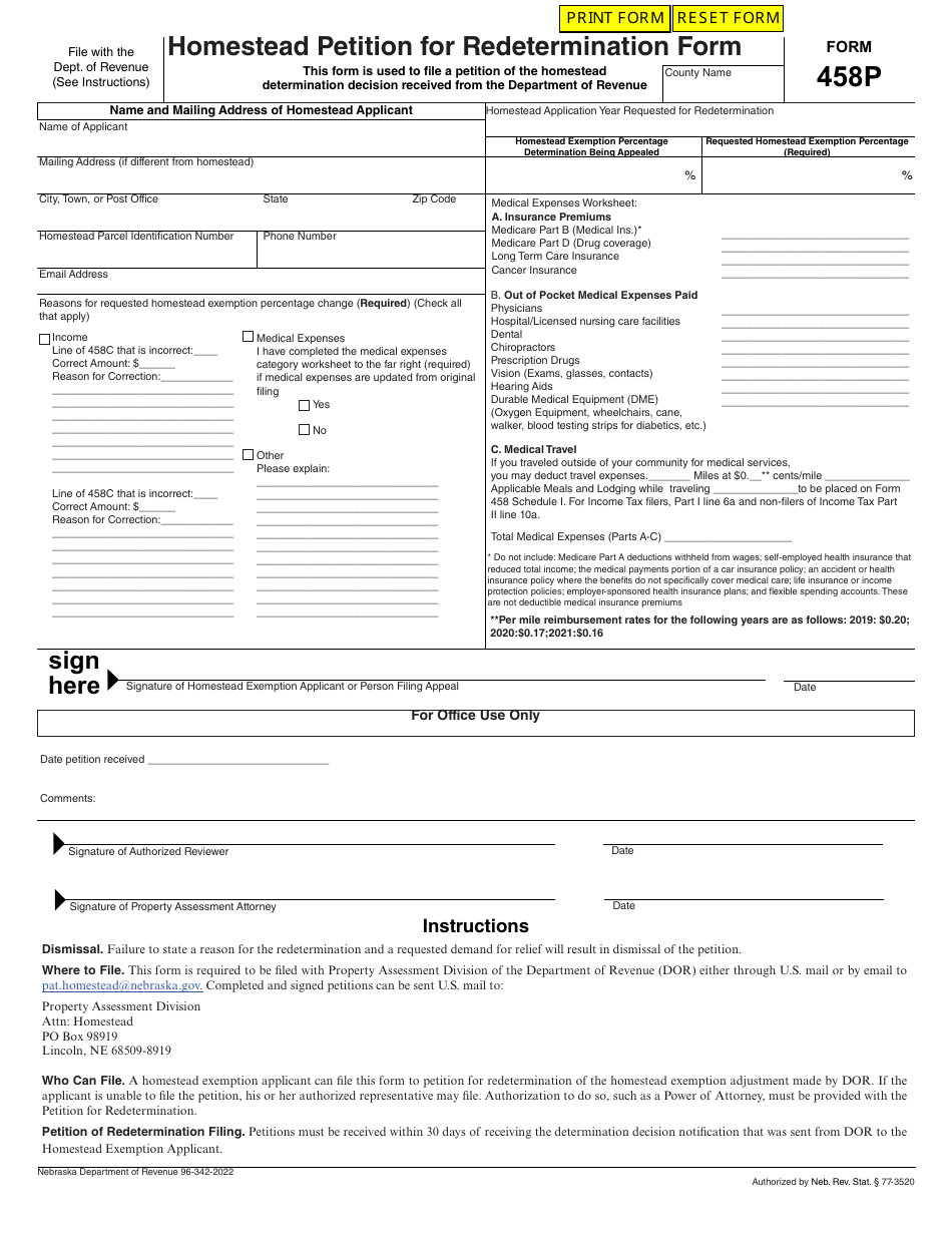 Form 458P Fill Out, Sign Online and Download Fillable PDF, Nebraska