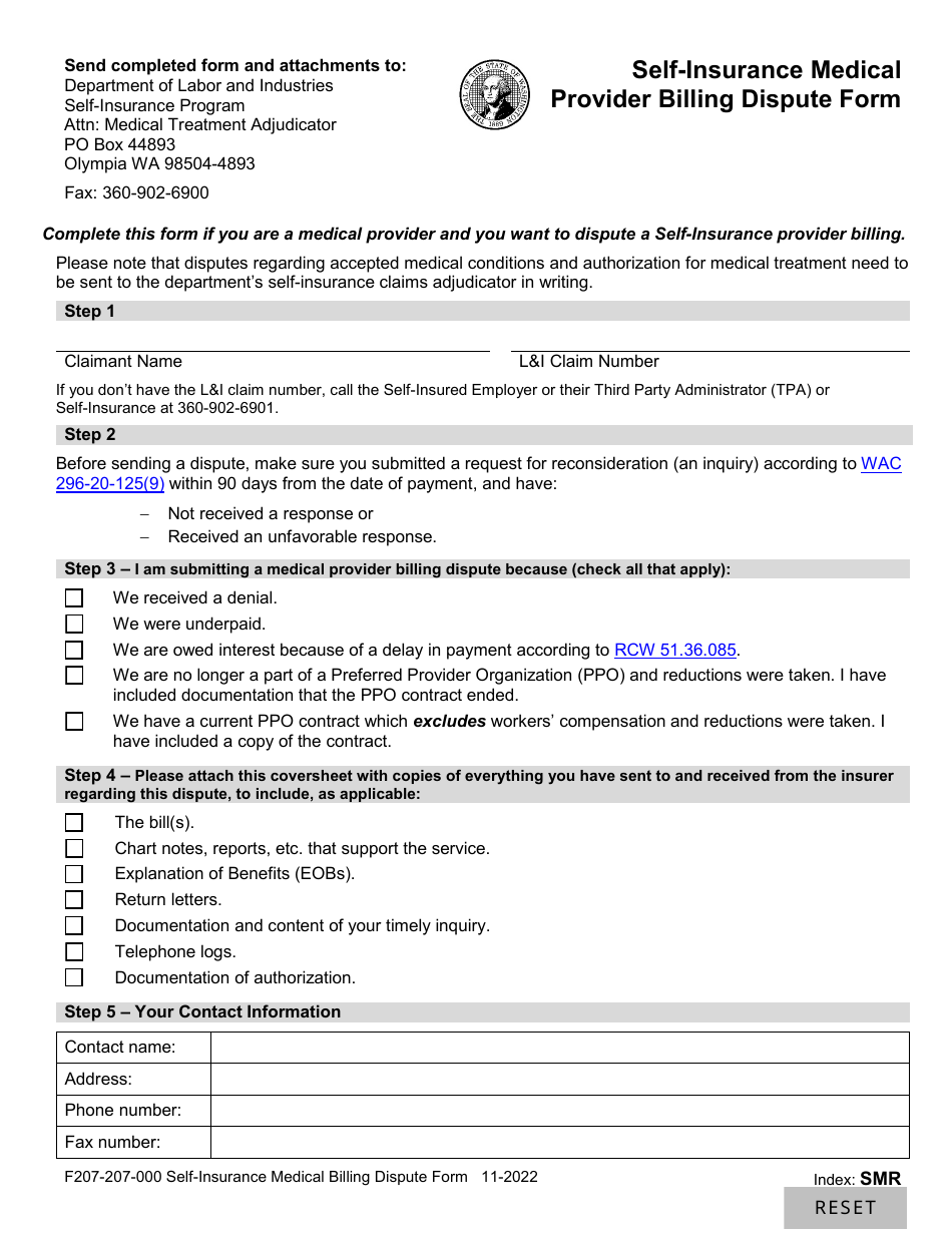 Form F207-207-000 Self-insurance Medical Provider Billing Dispute Form - Washington, Page 1