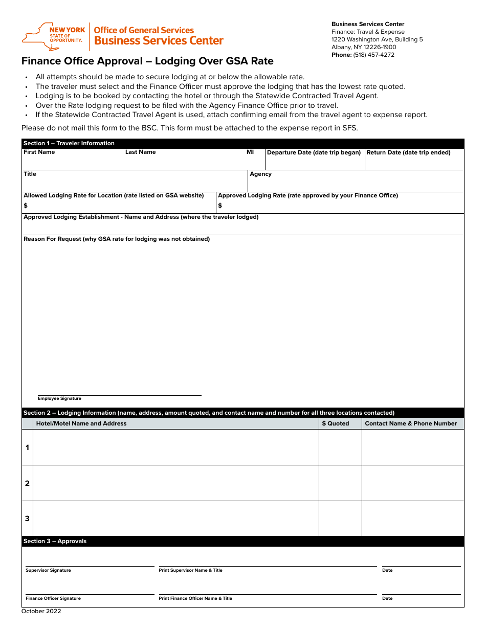 New York Finance Office Approval Lodging Over GSA Rate Fill Out