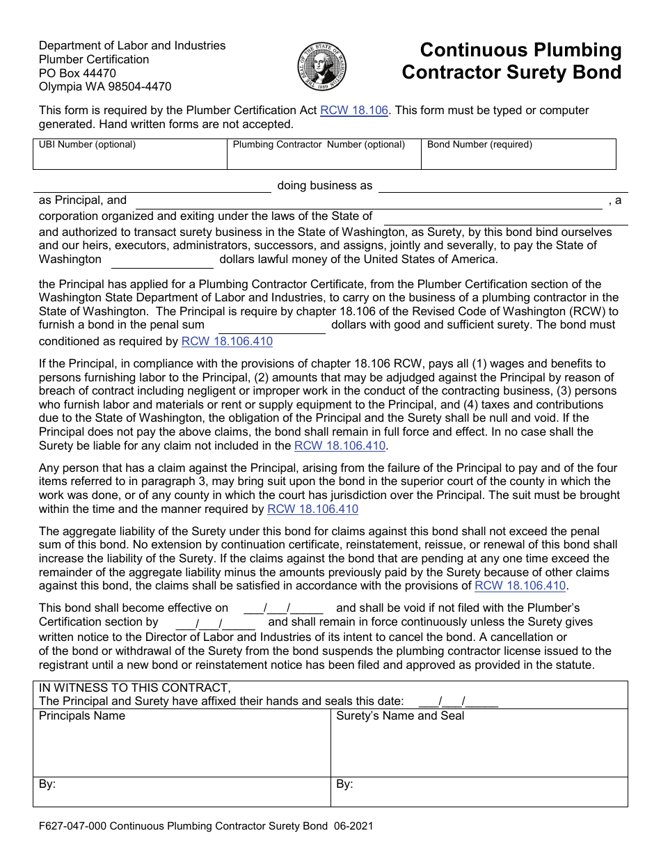 Form F627-047-000 Continuous Plumbing Contractor Surety Bond - Washington, Page 1