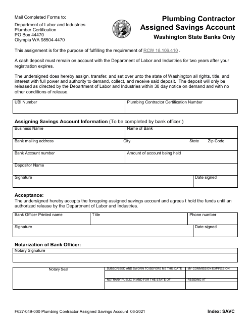 Form F627-049-000 Plumbing Contractor Assigned Savings Account - Washington State Banks Only - Washington