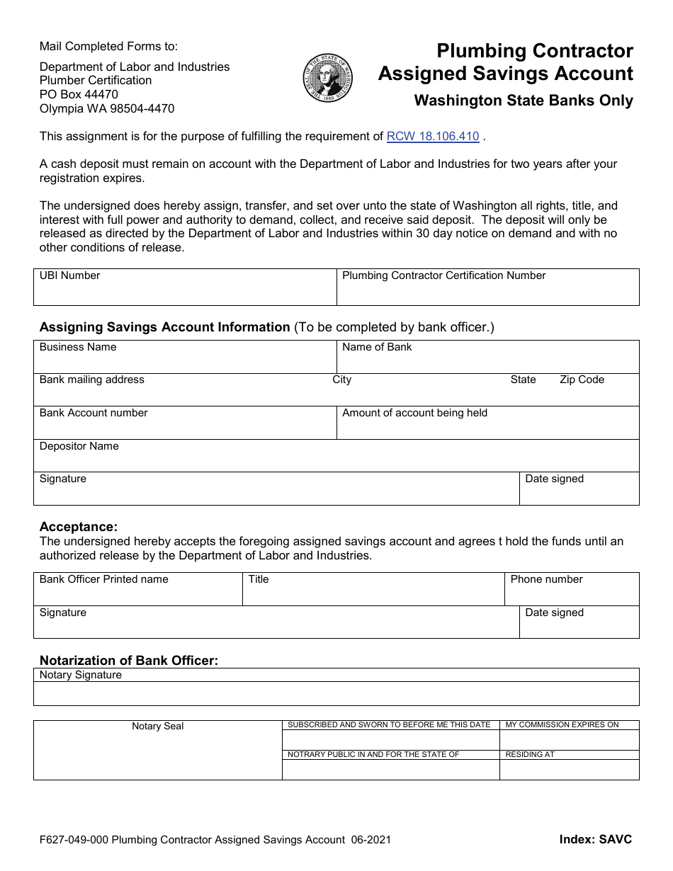 Form F627-049-000 Plumbing Contractor Assigned Savings Account - Washington State Banks Only - Washington, Page 1