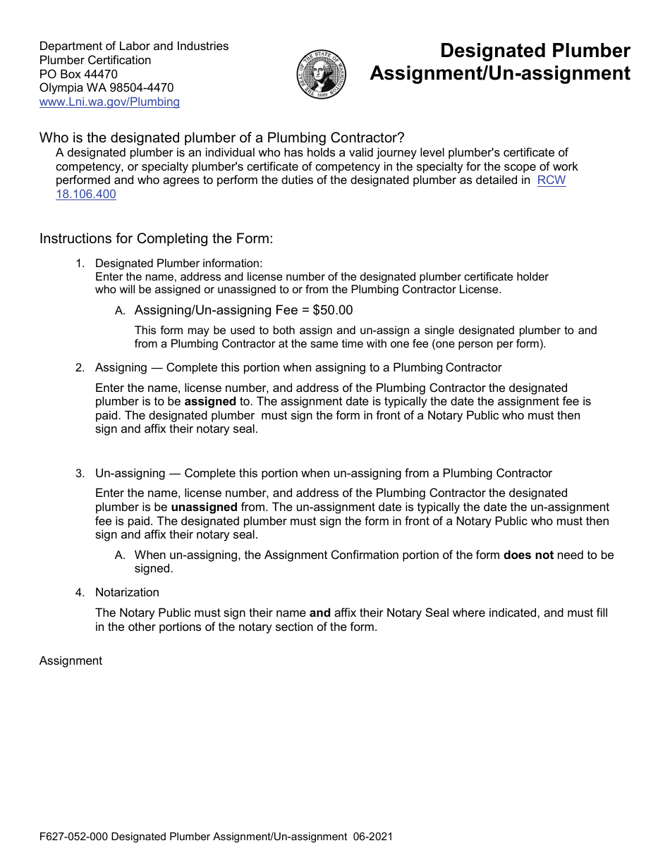 Form F627-052-000 Designated Plumber Assignment / Un-assignment - Washington, Page 1