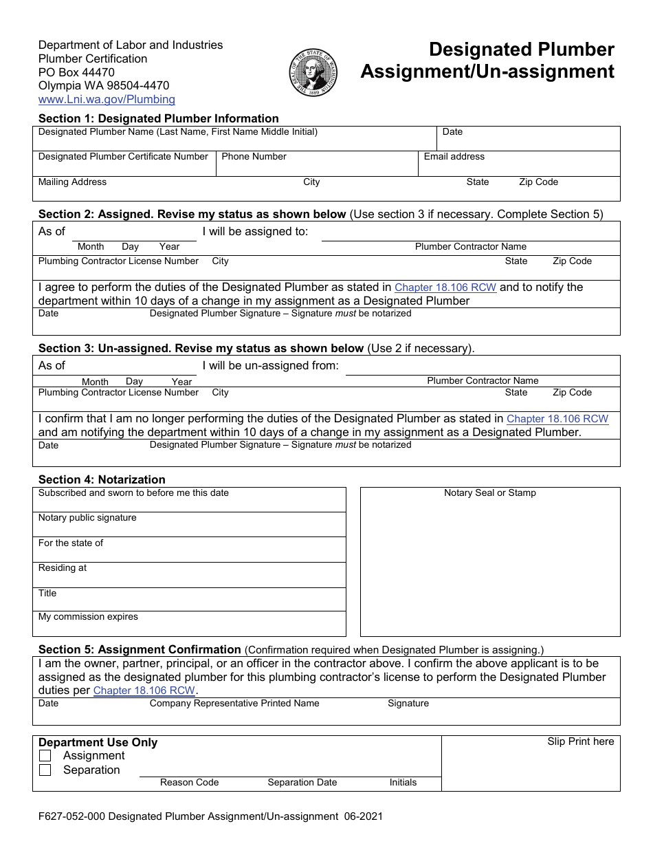 Form F627-052-000 Designated Plumber Assignment / Un-assignment - Washington, Page 2