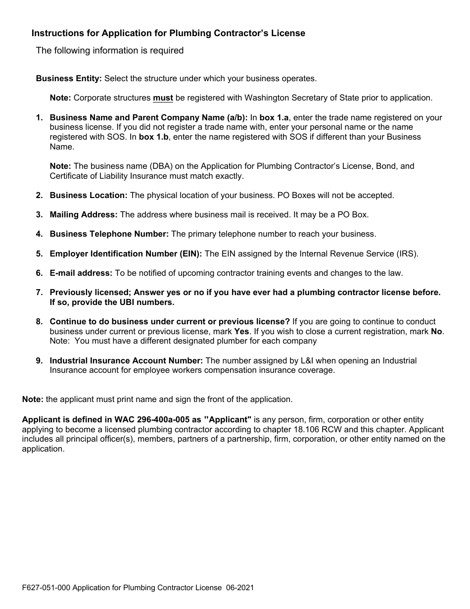 Form F627-051-00 Application for Plumbing Contractor License - Washington, Page 2