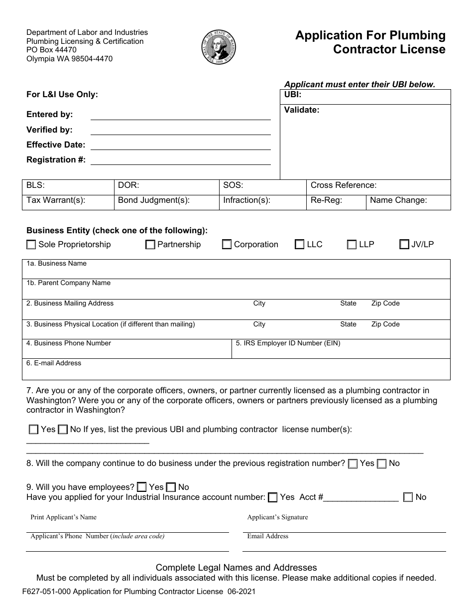Form F627-051-00 Application for Plumbing Contractor License - Washington, Page 3