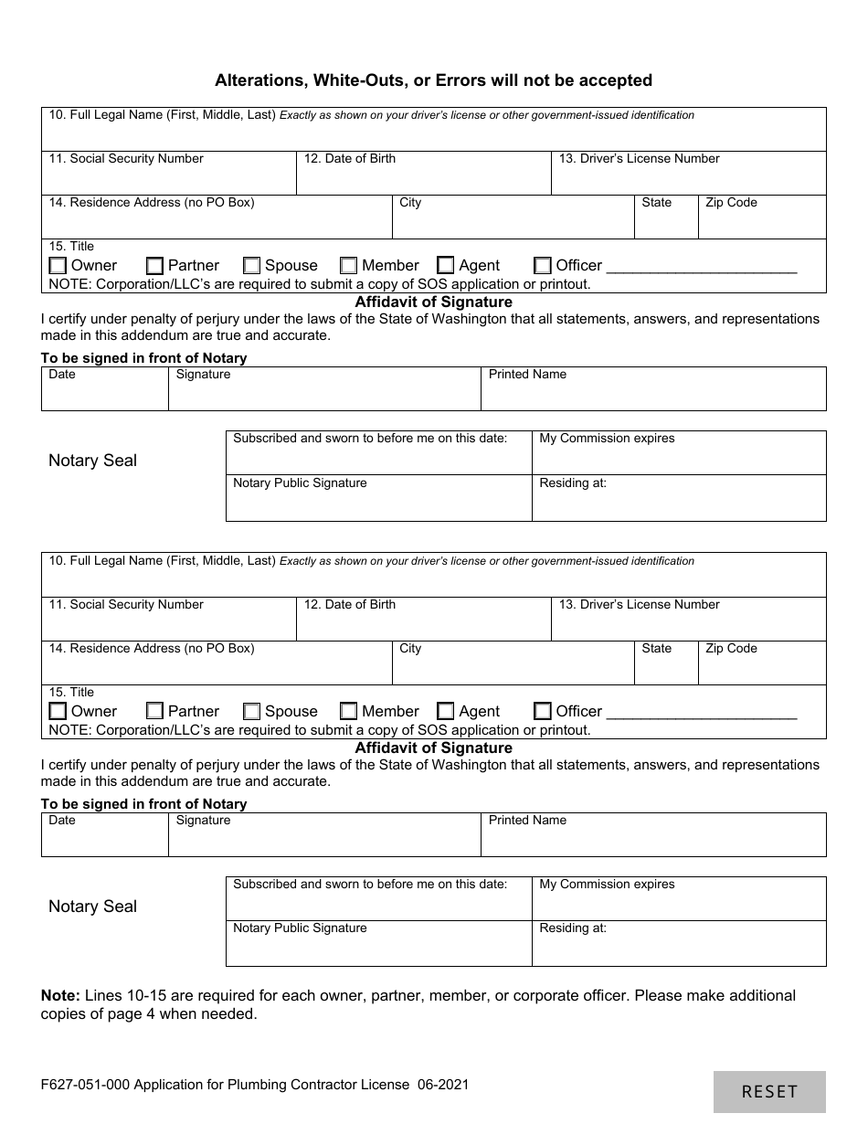 Form F627-051-00 Application for Plumbing Contractor License - Washington, Page 4