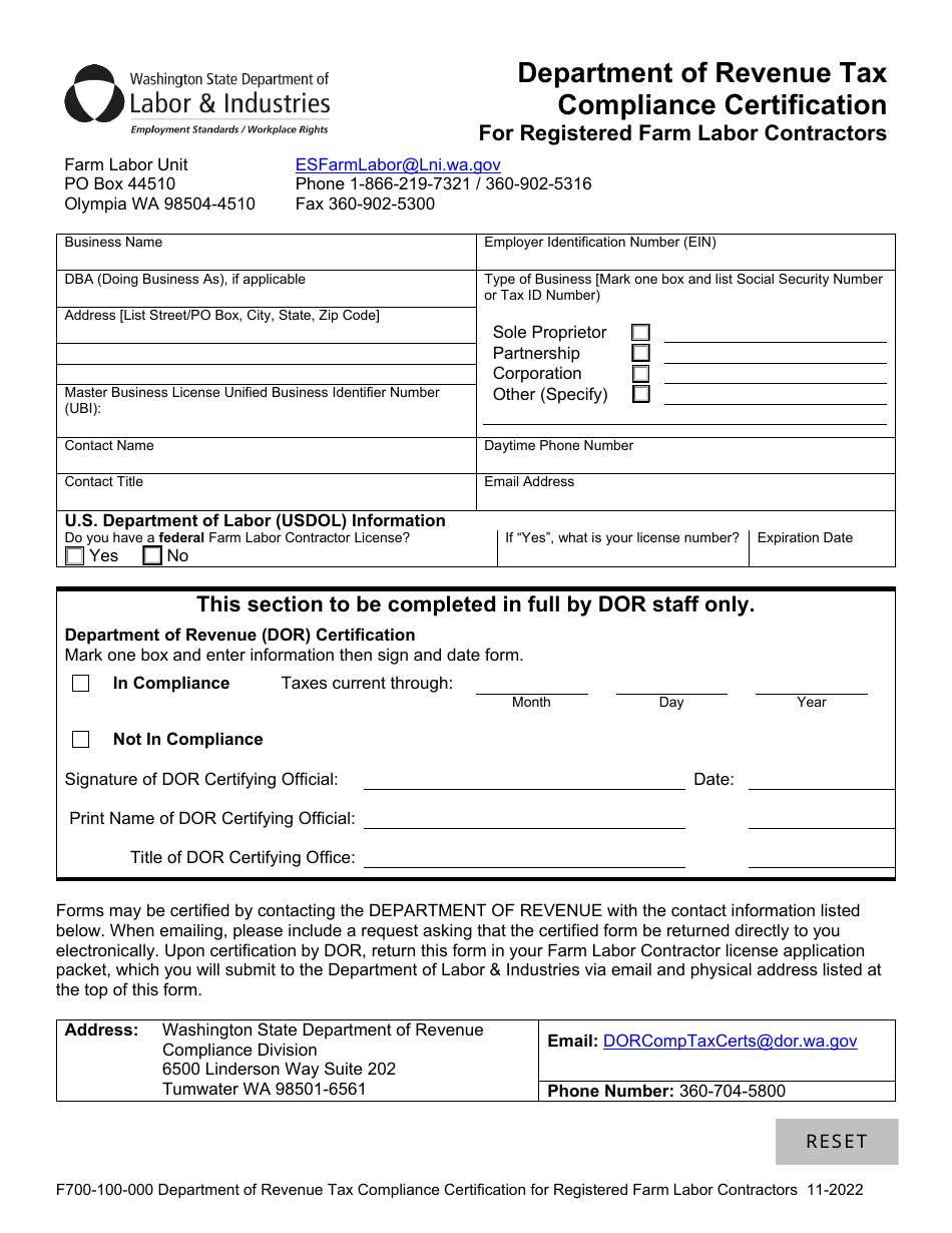Form F700-100-000 Department of Revenue Tax Compliance Certification for Registered Farm Labor Contractors - Washington, Page 1