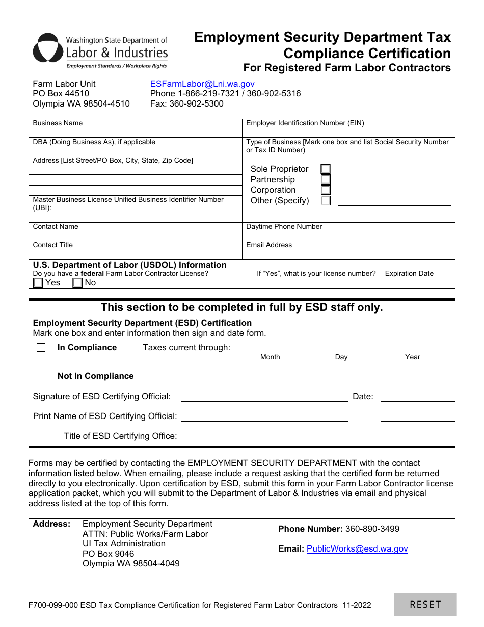 Form F700-099-000 Employment Security Department Tax Compliance Certification for Registered Farm Labor Contractors - Washington, Page 1