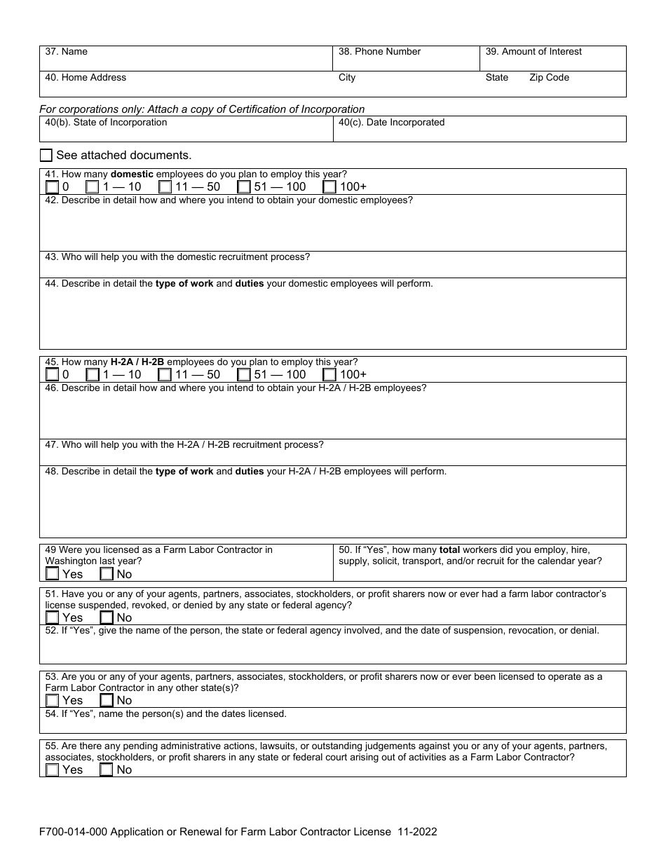 Form F700-014-000 Application or Renewal for Farm Labor Contractor License - Washington, Page 2