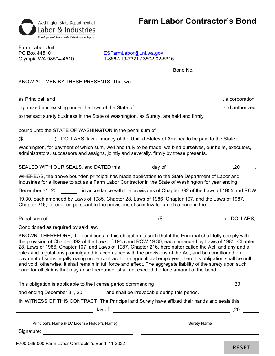 Form F700-066-00 Farm Labor Contractors Bond - Washington, Page 1