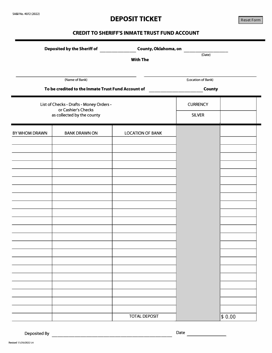 Form SAI4072 Credit to Sheriffs Inmate Trust Fund Account - Oklahoma, Page 1