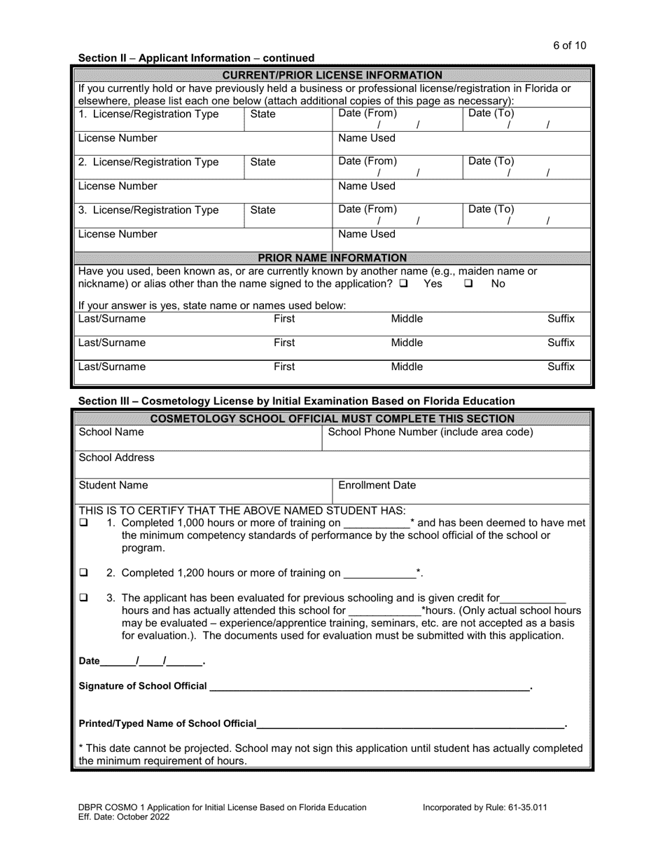 Form DBPR COSMO1 Application for Initial License Based on Florida Education - Florida, Page 6