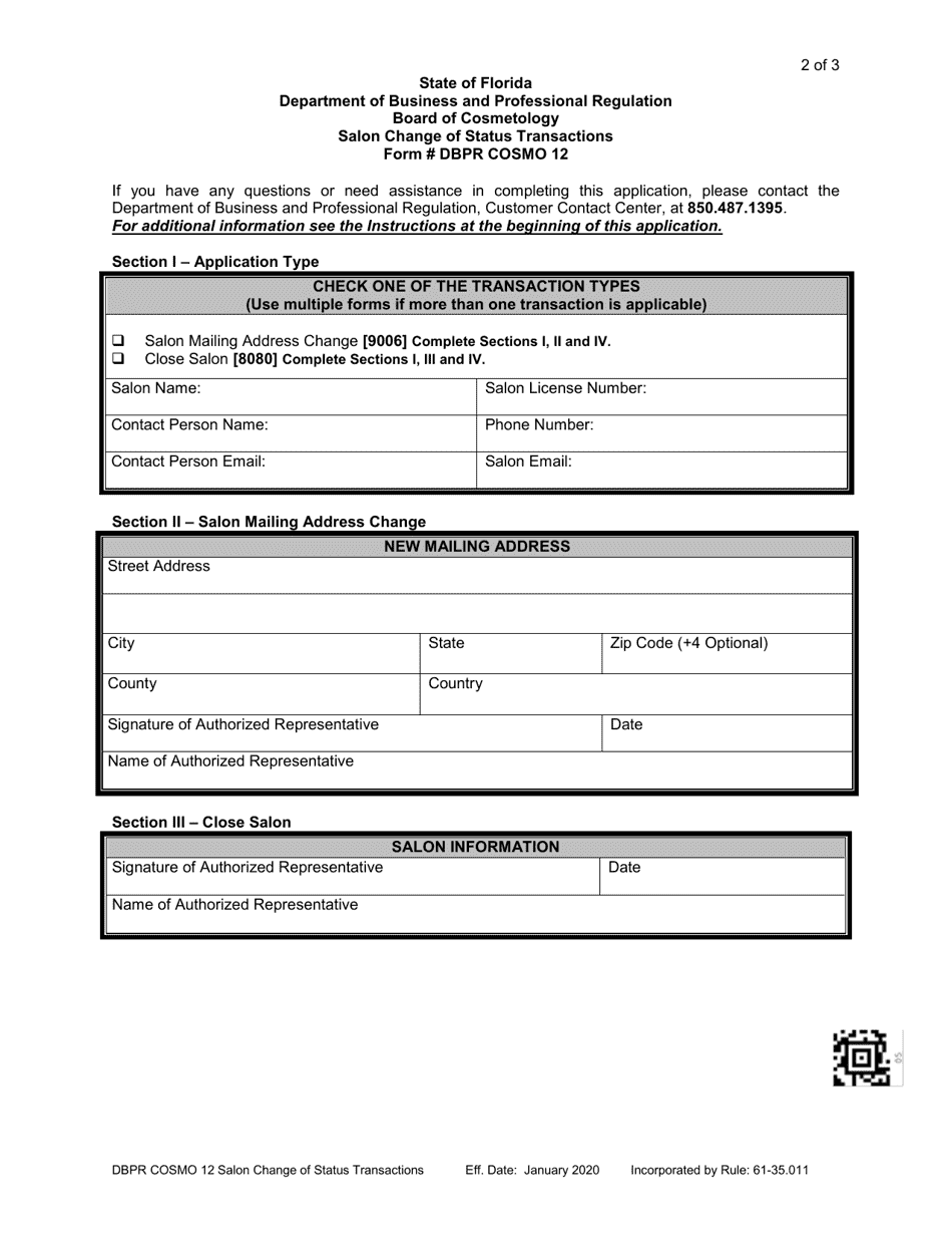 Form DBPR COSMO12 Download Printable PDF or Fill Online Salon Change of ...