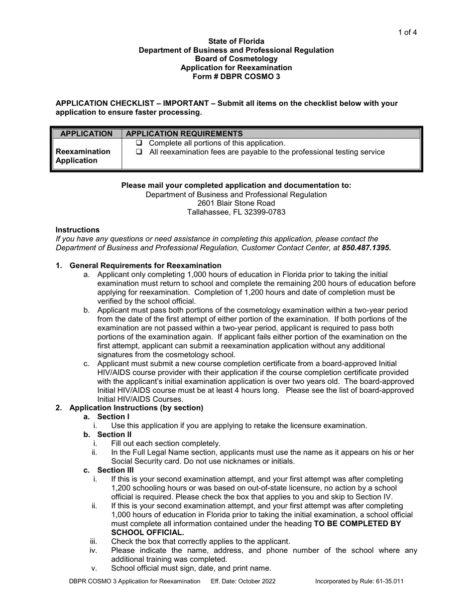 Form DBPR COSMO3 Download Printable PDF or Fill Online Application for ...