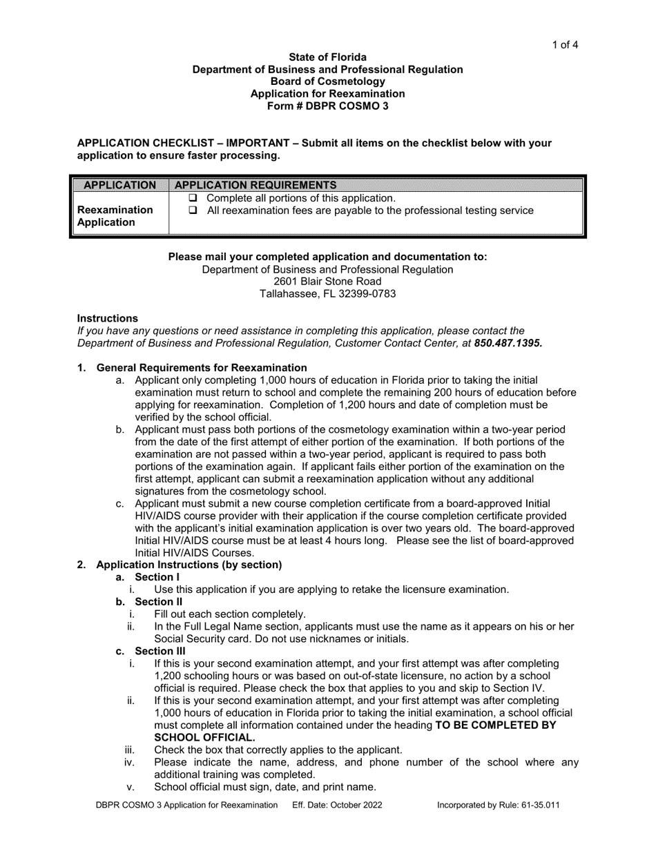 Form DBPR COSMO3 Application for Reexamination - Florida, Page 1