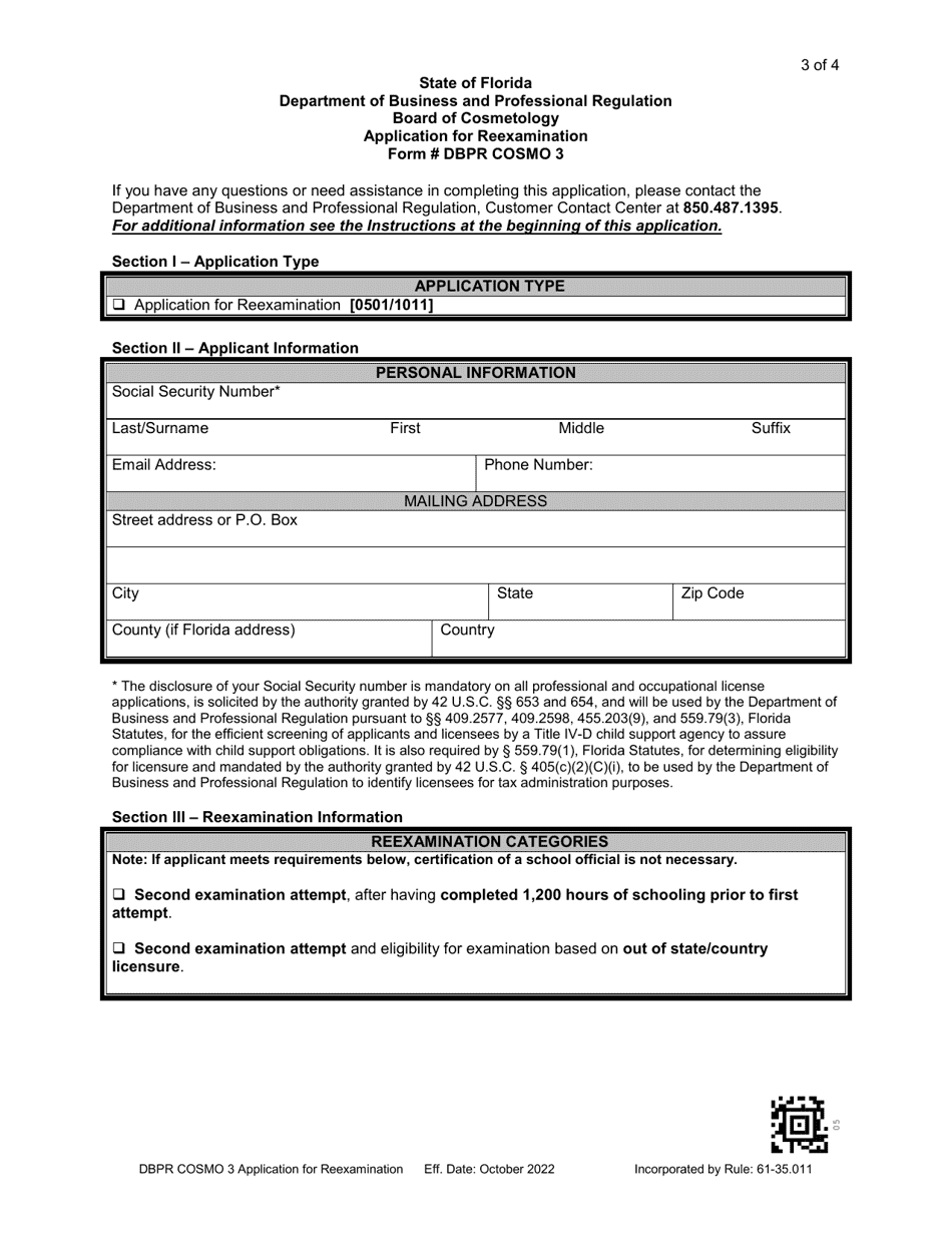 Form DBPR COSMO3 Application for Reexamination - Florida, Page 3