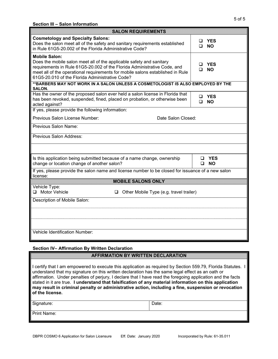 Form DBPR COSMO6 Download Printable PDF or Fill Online Application for ...