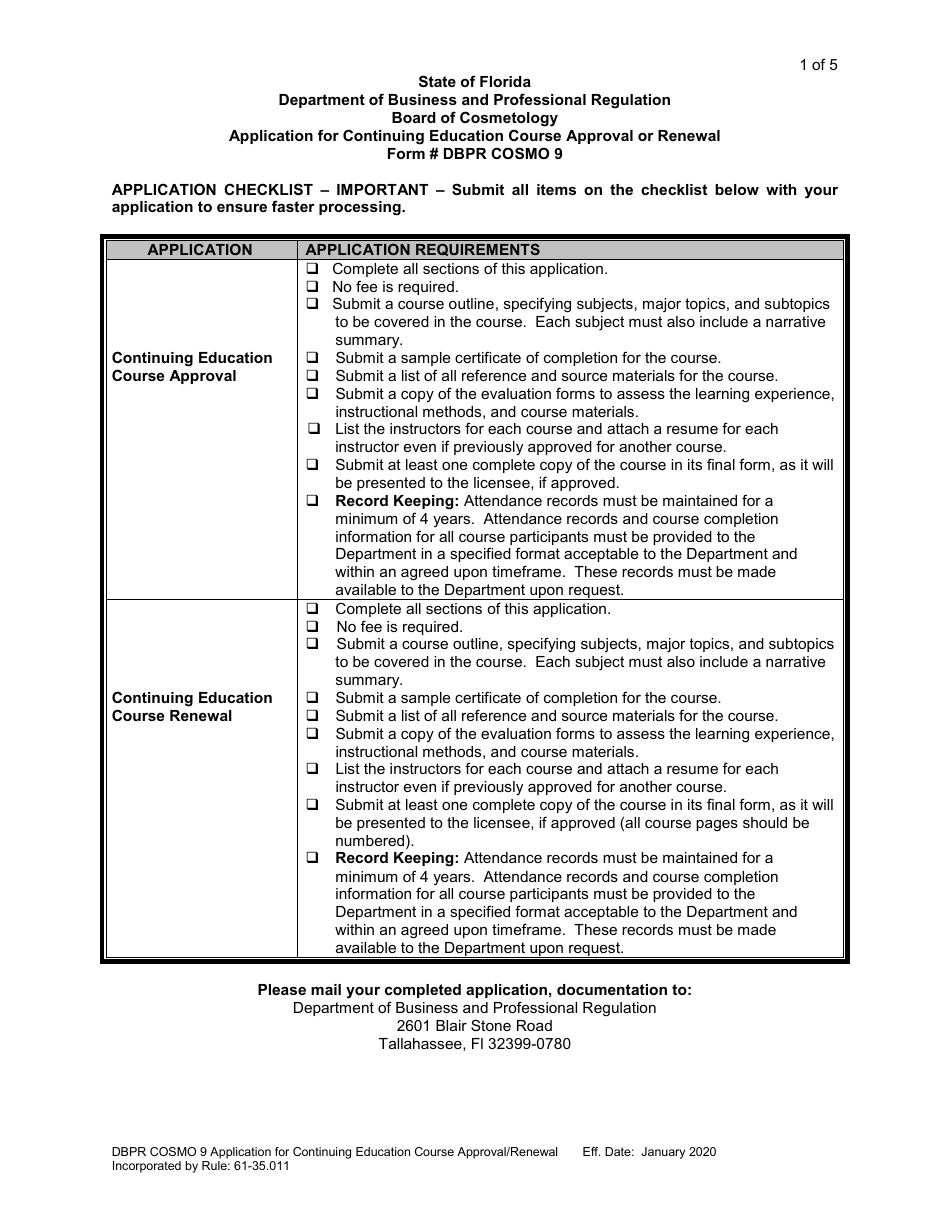Form DBPR COSMO9 Application for Continuing Education Course Approval or Renewal - Florida, Page 1