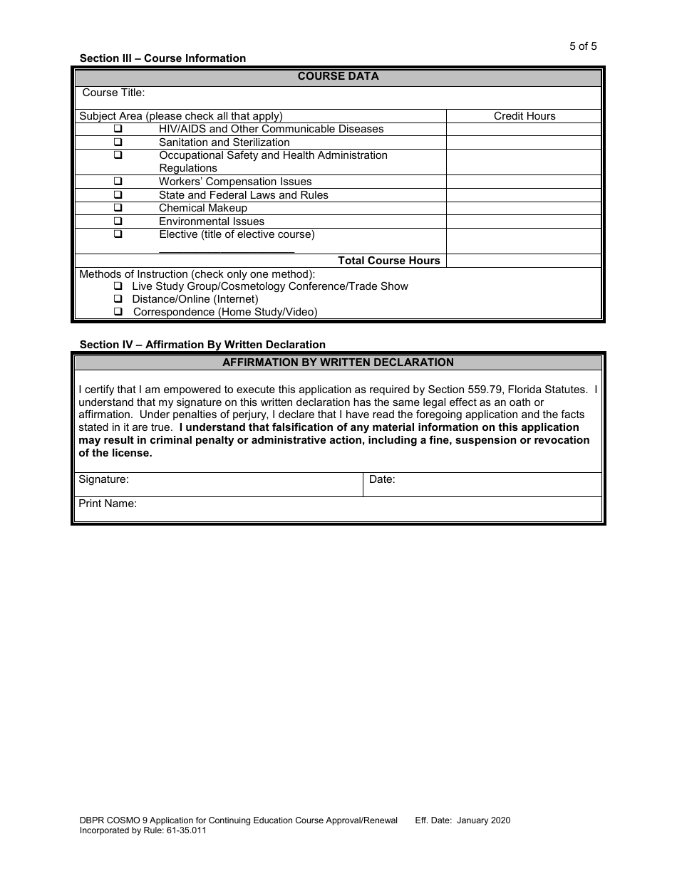 Form DBPR COSMO9 Application for Continuing Education Course Approval or Renewal - Florida, Page 5
