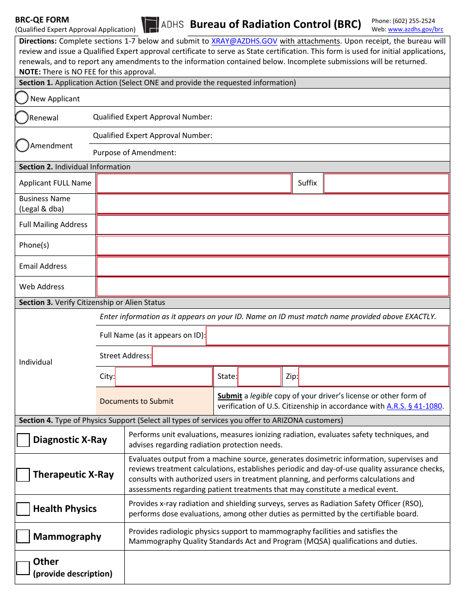 Form BRC-QE Qualified Expert Approval Application - Arizona, Page 1