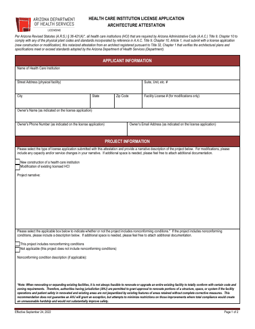 Health Care Institution License Application Architecture Attestation - Arizona Download Pdf
