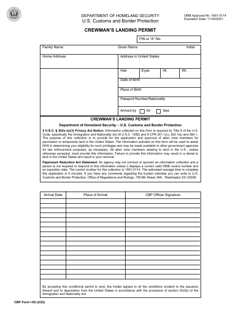 CBP Form I-95 Crewman&#039;s Landing Permit