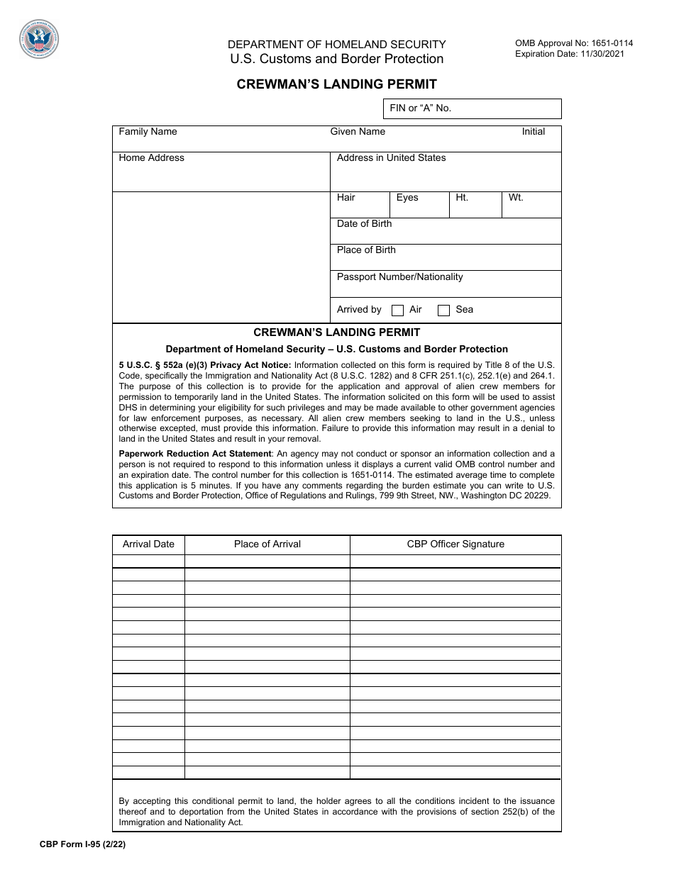 CBP Form I-95 Crewmans Landing Permit, Page 1