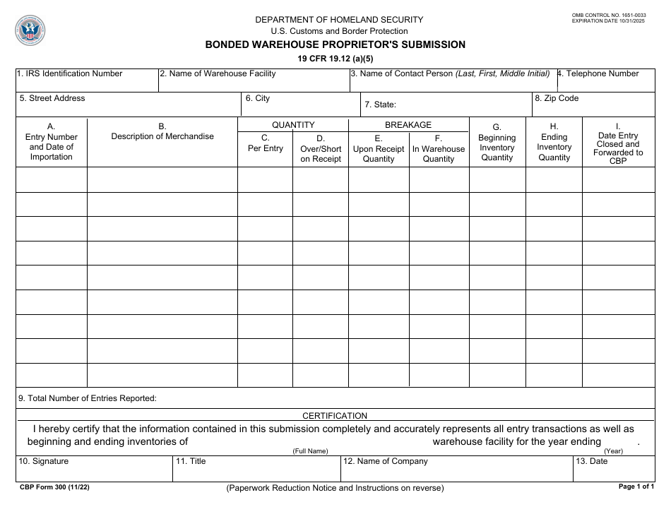 CBP Form 300 Bonded Warehouse Proprietors Submission, Page 1