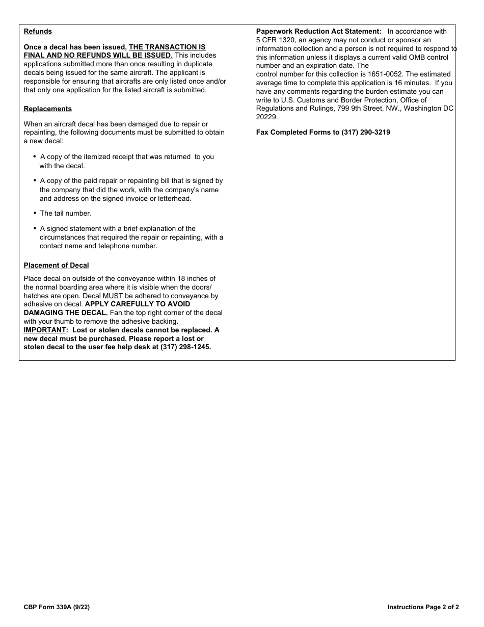 CBP Form 339A Annual User Fee Decal Request - Aircraft, Page 4