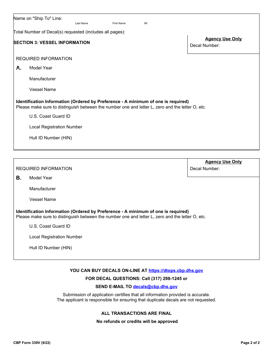 CBP Form 339V Annual User Fee Decal Request - Vessel, Page 2