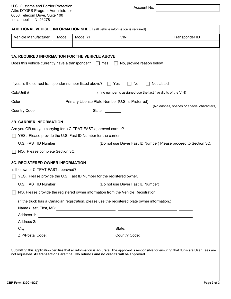 CBP Form 339C Vehicle Application, Page 3