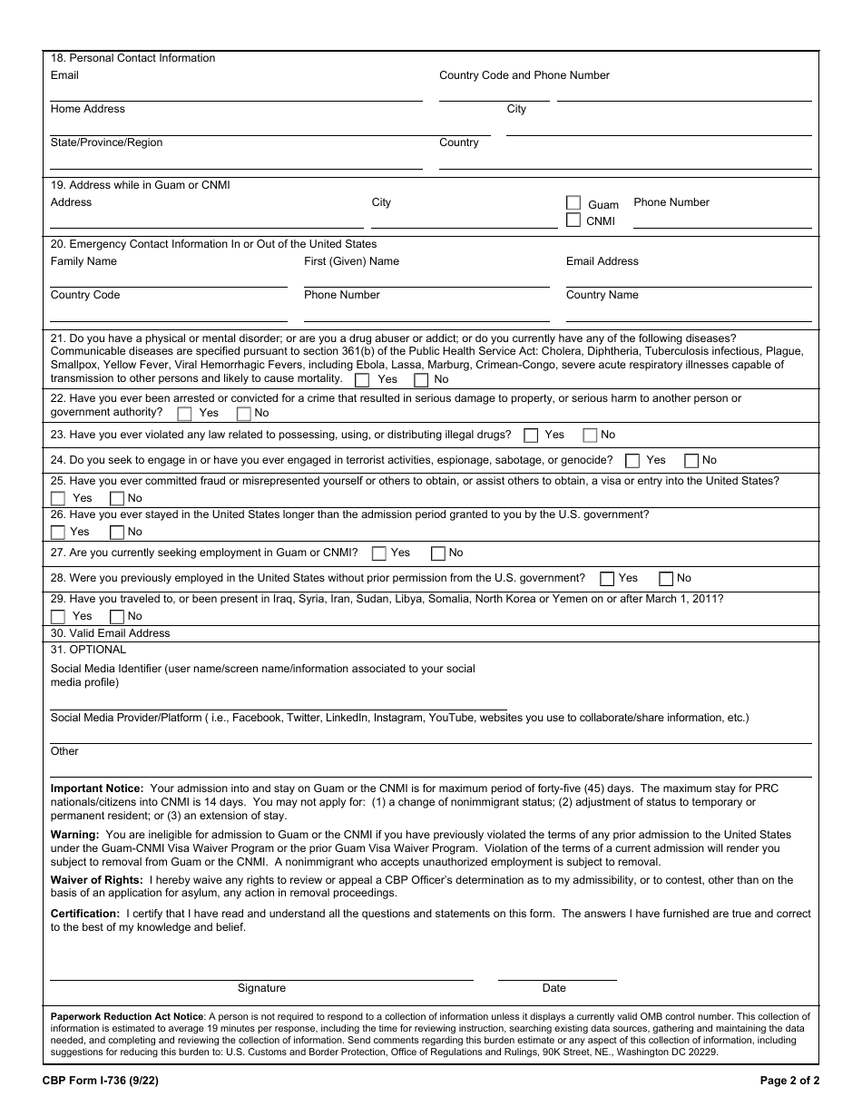 CBP Form I-736 Download Fillable PDF or Fill Online Guam - CNMI Visa ...