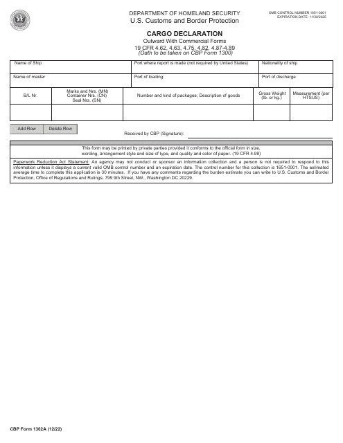 CBP Form 1302A  Printable Pdf