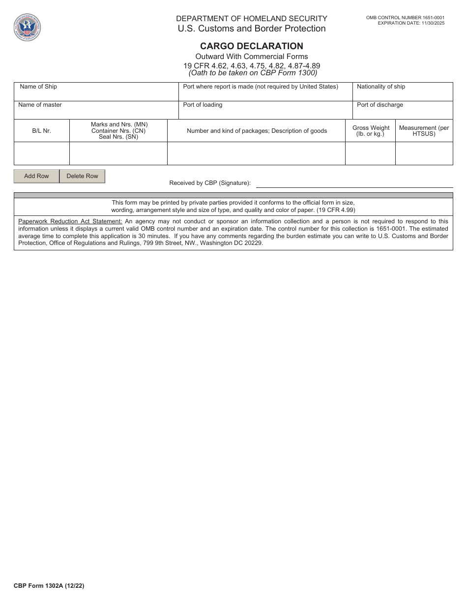 CBP Form 1302A Cargo Declaration - Outward With Commercial Forms, Page 1