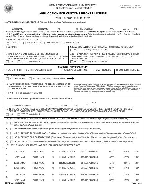 CBP Form 3124 Application for Customs Broker License