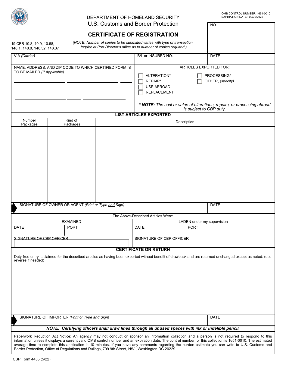 CBP Form 4455 Certificate of Registration, Page 1