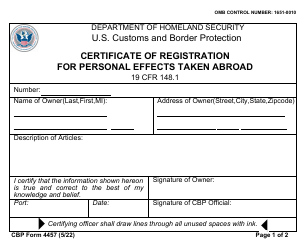 Document preview: CBP Form 4457 Certificate of Registration for Personal Effects Taken Abroad