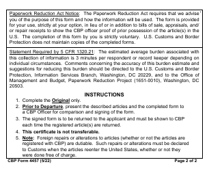 CBP Form 4457 Certificate of Registration for Personal Effects Taken Abroad, Page 2