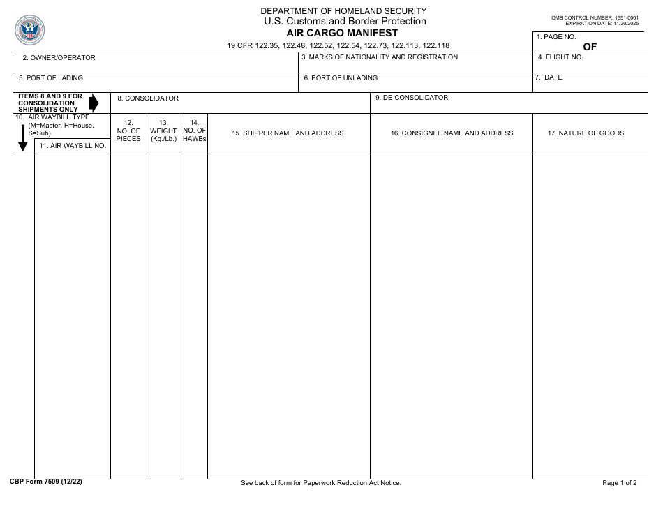 CBP Form 7509 Air Cargo Manifest, Page 1