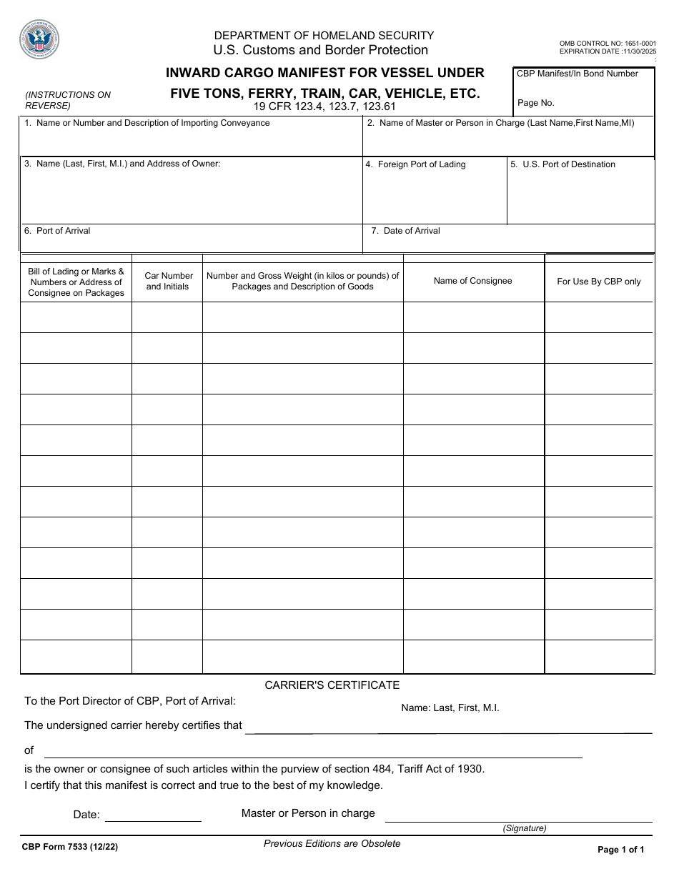 CBP Form 7533 Inward Cargo Manifest for Vessel Under Five Tons, Ferry, Train, Car, Vehicle, Etc., Page 1