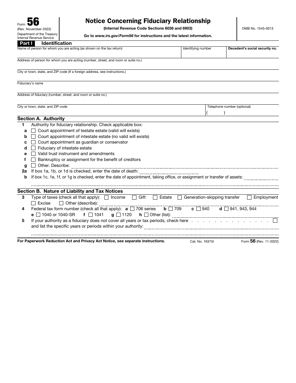 IRS Form 56 Download Fillable PDF or Fill Online Notice Concerning ...