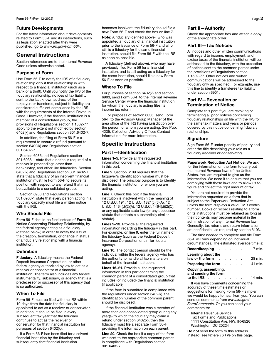 Irs Form 56 F Download Fillable Pdf Or Fill Online Notice Concerning Fiduciary Relationship Of