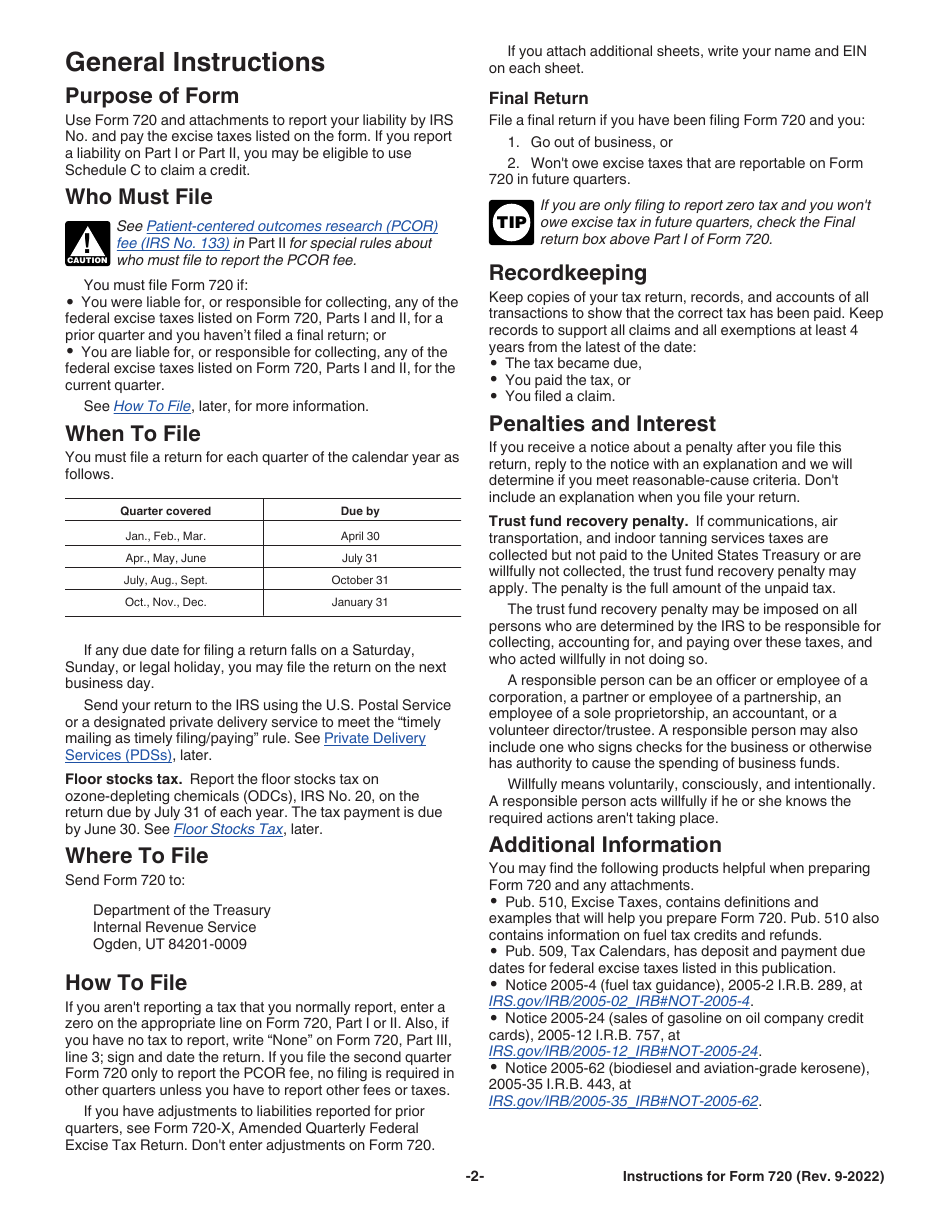 Instructions for IRS Form 720 Quarterly Federal Excise Tax Return, Page 2
