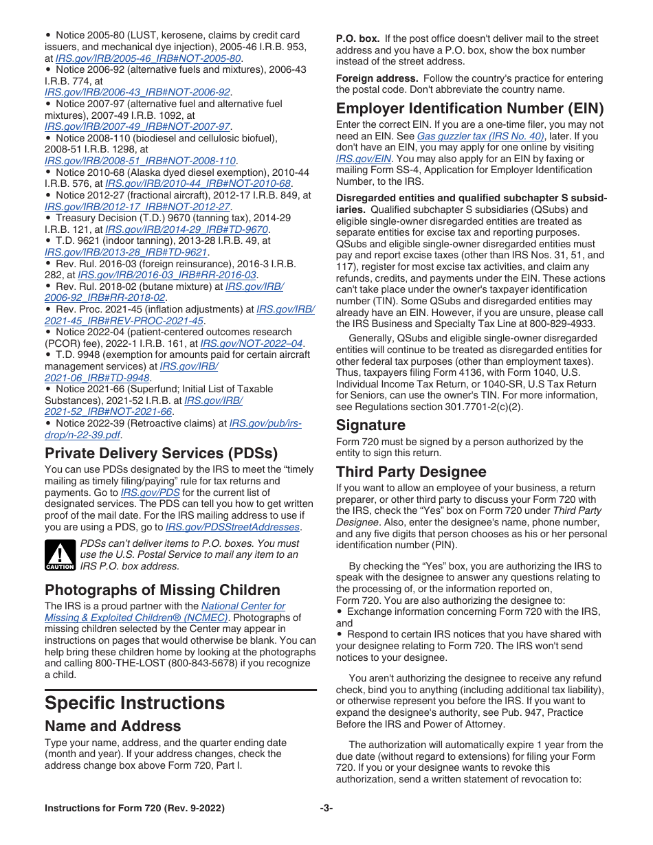 Instructions for IRS Form 720 Quarterly Federal Excise Tax Return, Page 3