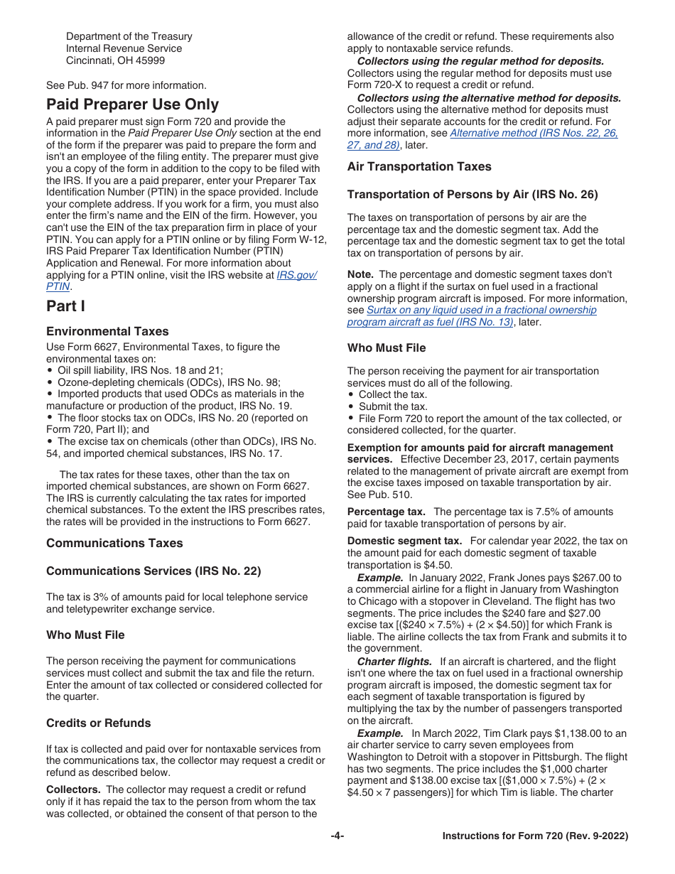 Instructions for IRS Form 720 Quarterly Federal Excise Tax Return, Page 4