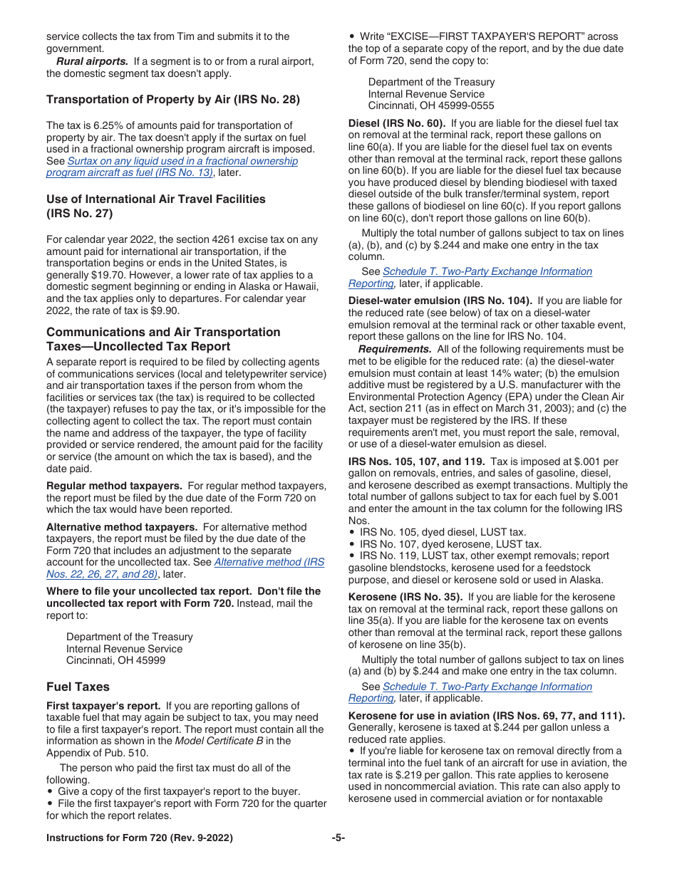 Instructions for IRS Form 720 Quarterly Federal Excise Tax Return, Page 5