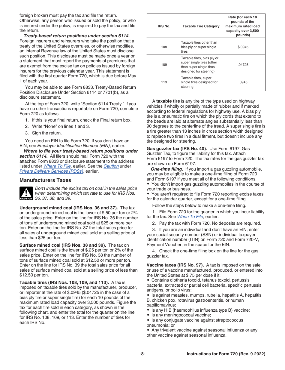 Instructions for IRS Form 720 Quarterly Federal Excise Tax Return, Page 8