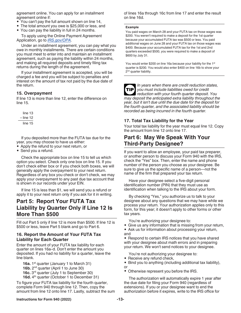 Instructions for IRS Form 940 Employers Annual Federal Unemployment (Futa) Tax Return, Page 13