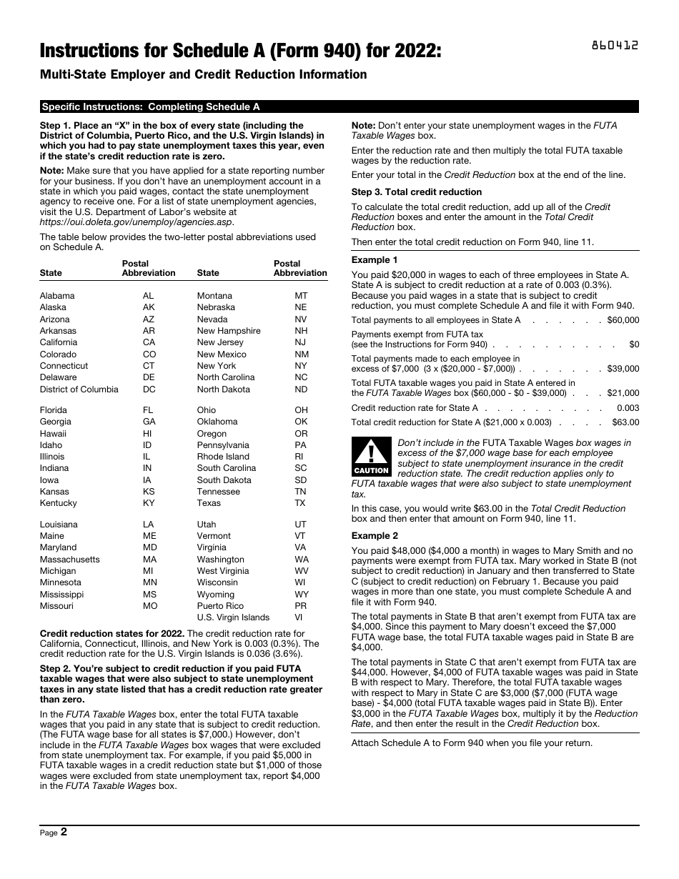 IRS Form 940 Schedule A Multi-State Employer and Credit Reduction Information, Page 2